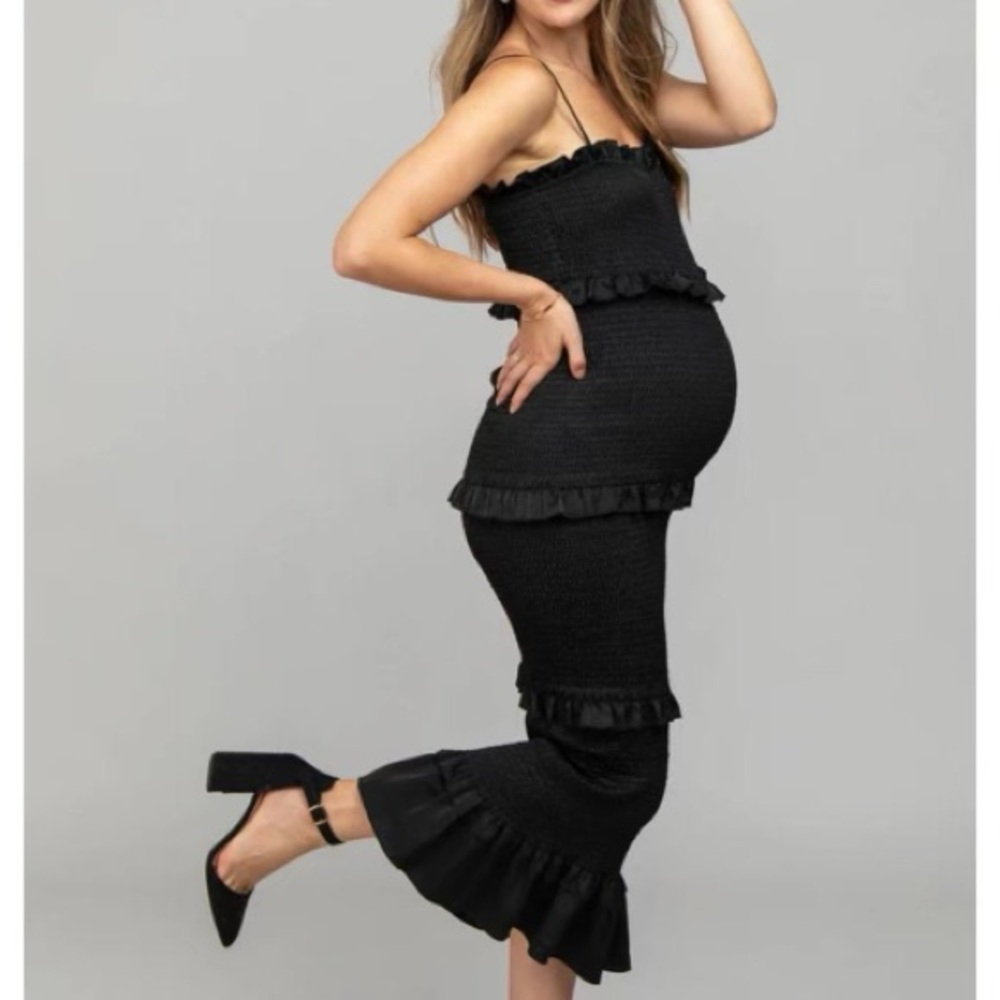 Pinkblush Mable Black Satin Smocked Fitted Maternity Midi Dress Small